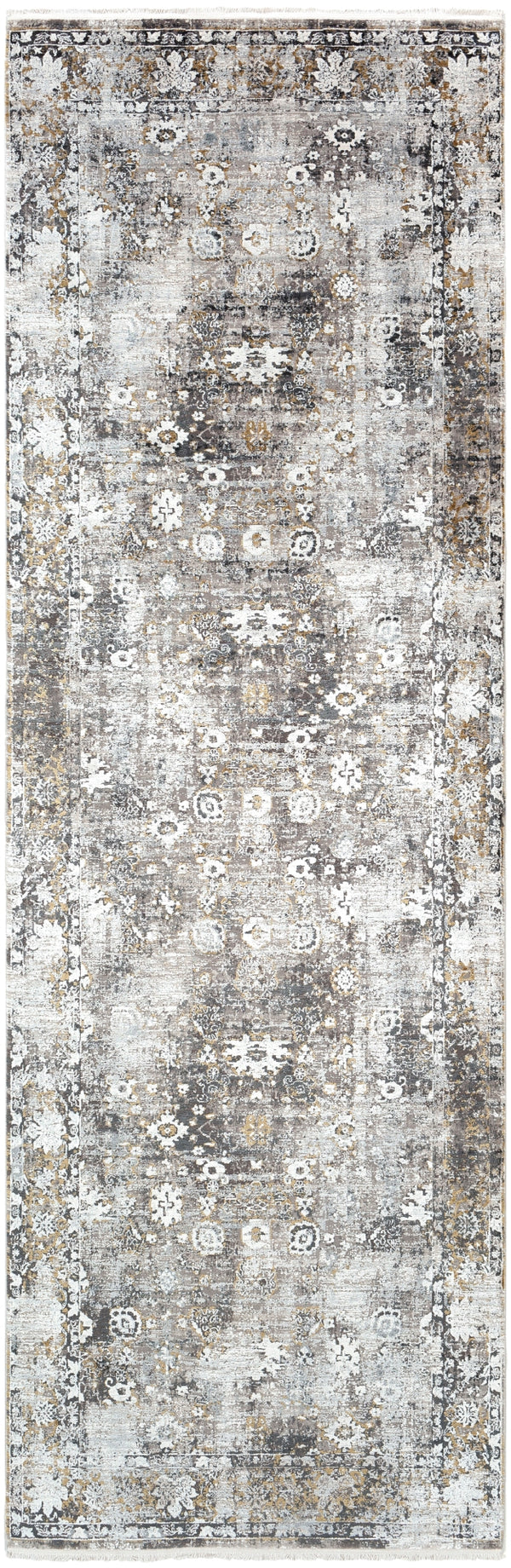 Solar SOR-2308 Traditional Viscose, Acrylic Rug SOR2308-3910 Charcoal, Taupe, Medium Gray, Bright Yellow, White, Light Gray 70% Viscose, 30% Acrylic 3' x 9'10"