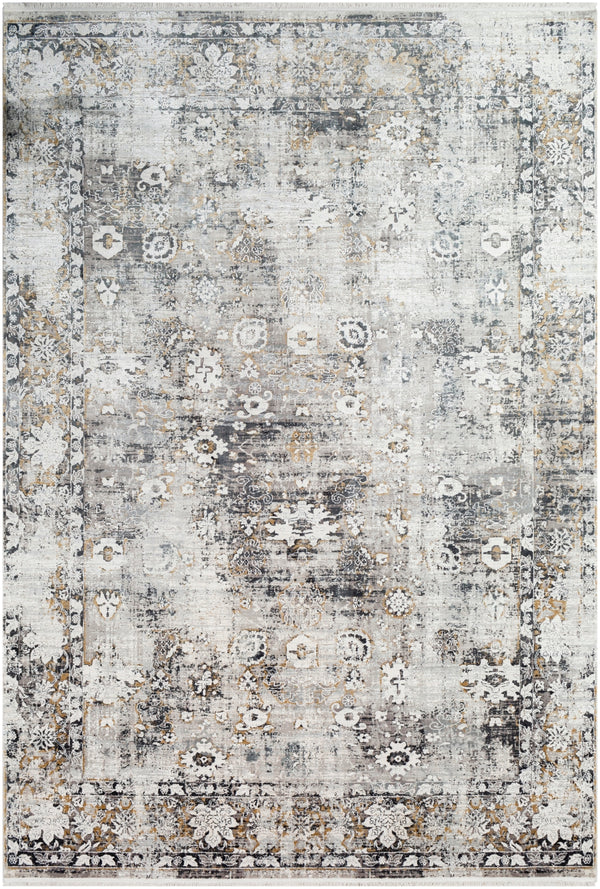 Solar SOR-2308 Traditional Viscose, Acrylic Rug SOR2308-576 Charcoal, Taupe, Medium Gray, Bright Yellow, White, Light Gray 70% Viscose, 30% Acrylic 5' x 7'6"