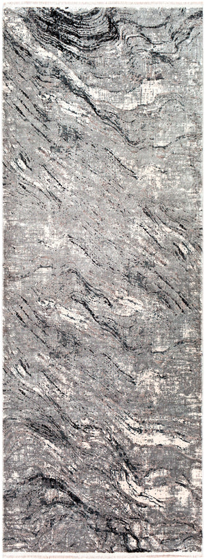 Solar SOR-2309 Modern Viscose, Acrylic Rug SOR2309-38 Charcoal, Medium Gray, Light Gray, Ivory, Black 70% Viscose, 30% Acrylic 3' x 8'