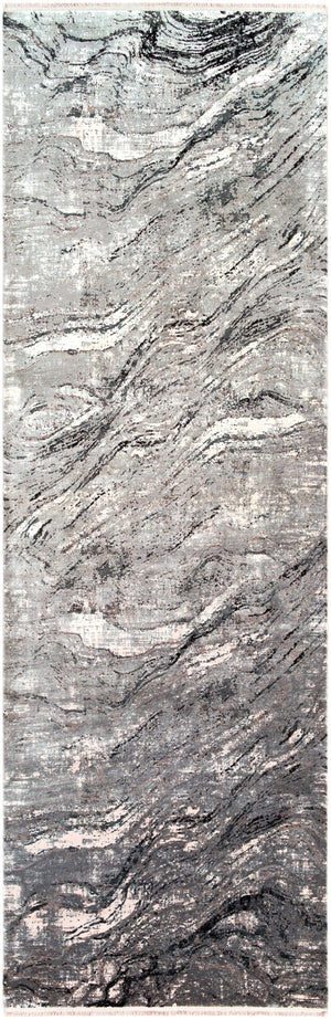 Solar SOR-2309 Modern Viscose, Acrylic Rug SOR2309-3910 Charcoal, Medium Gray, Light Gray, Ivory, Black 70% Viscose, 30% Acrylic 3' x 9'10"