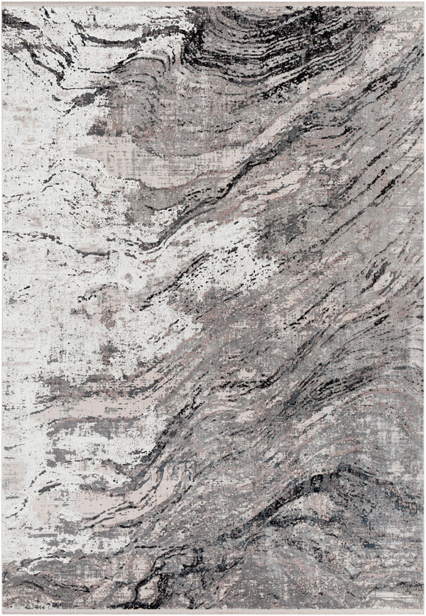 Solar SOR-2309 Modern Viscose, Acrylic Rug SOR2309-76112 Charcoal, Medium Gray, Light Gray, Ivory, Black 70% Viscose, 30% Acrylic 7'6" x 11'2"