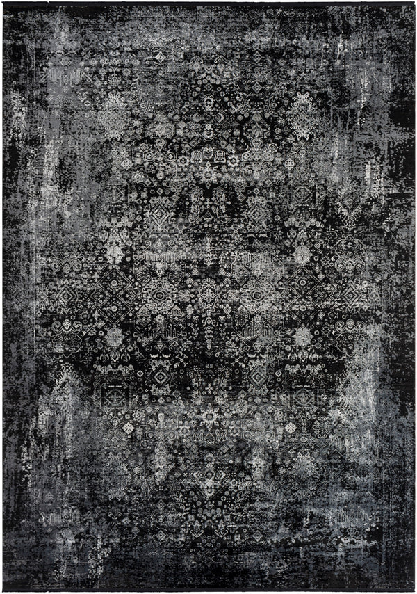 Solar SOR-2310 Traditional Viscose, Acrylic Rug SOR2310-76112 Black, Charcoal, Medium Gray, Light Gray 70% Viscose, 30% Acrylic 7'6" x 11'2"