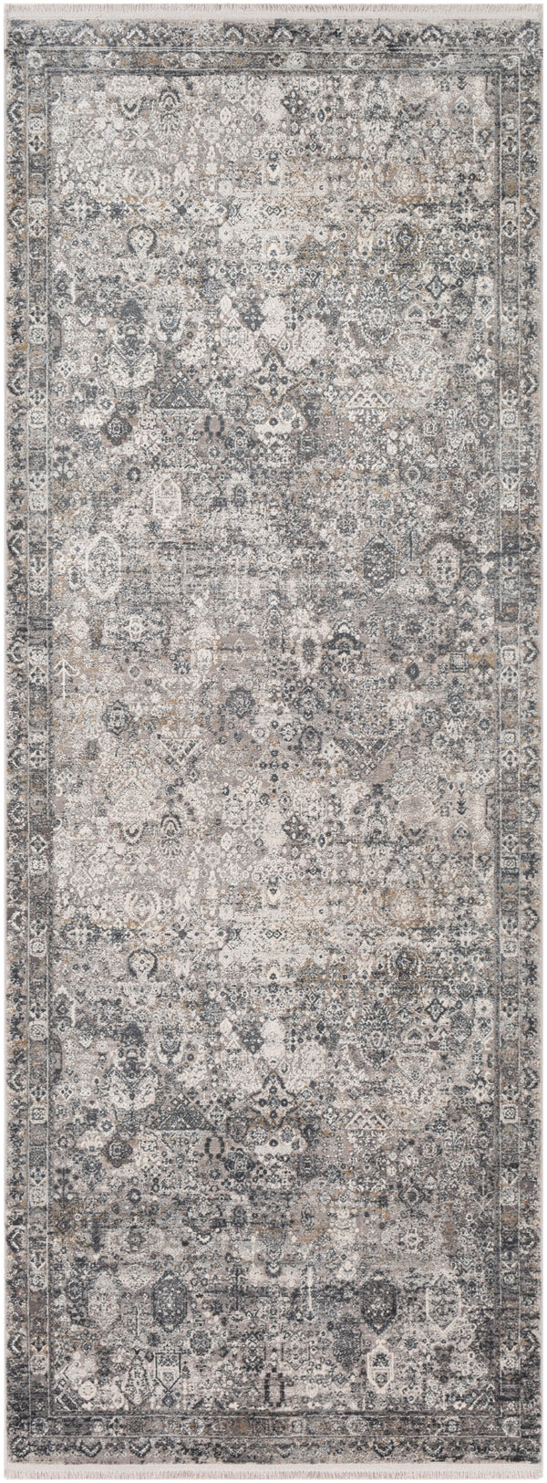 Solar SOR-2313 Traditional Viscose, Acrylic Rug SOR2313-38 Medium Gray, Light Gray, Ivory, Charcoal, Black, Mustard 70% Viscose, 30% Acrylic 3' x 8'