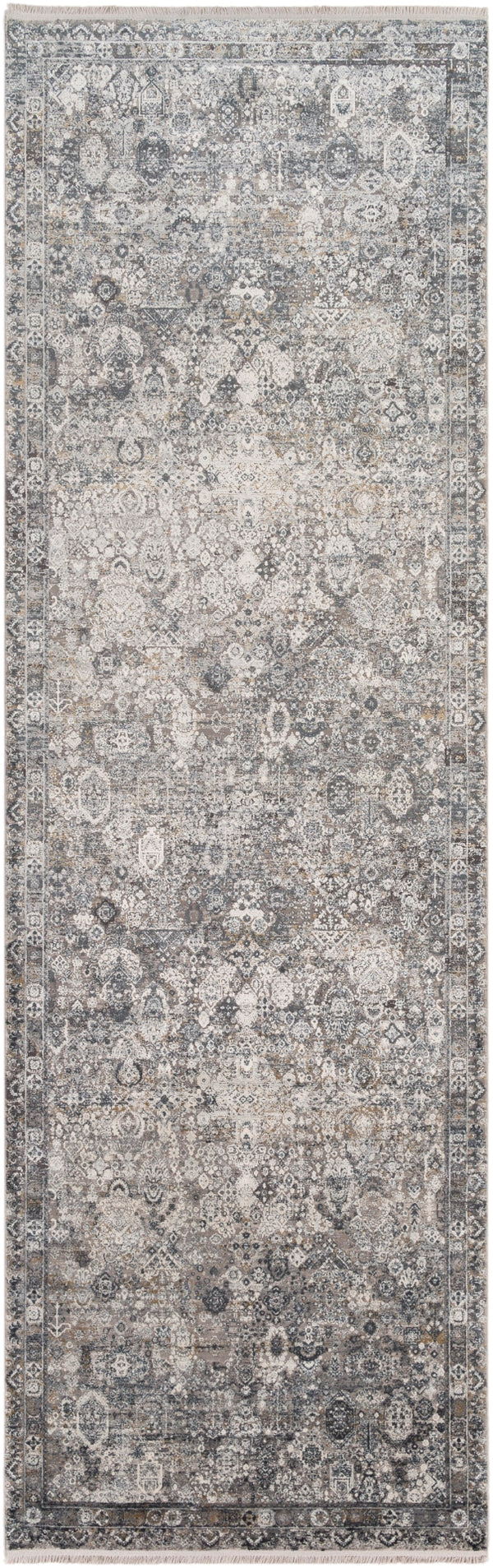 Solar SOR-2313 Traditional Viscose, Acrylic Rug SOR2313-3910 Medium Gray, Light Gray, Ivory, Charcoal, Black, Mustard 70% Viscose, 30% Acrylic 3' x 9'10"