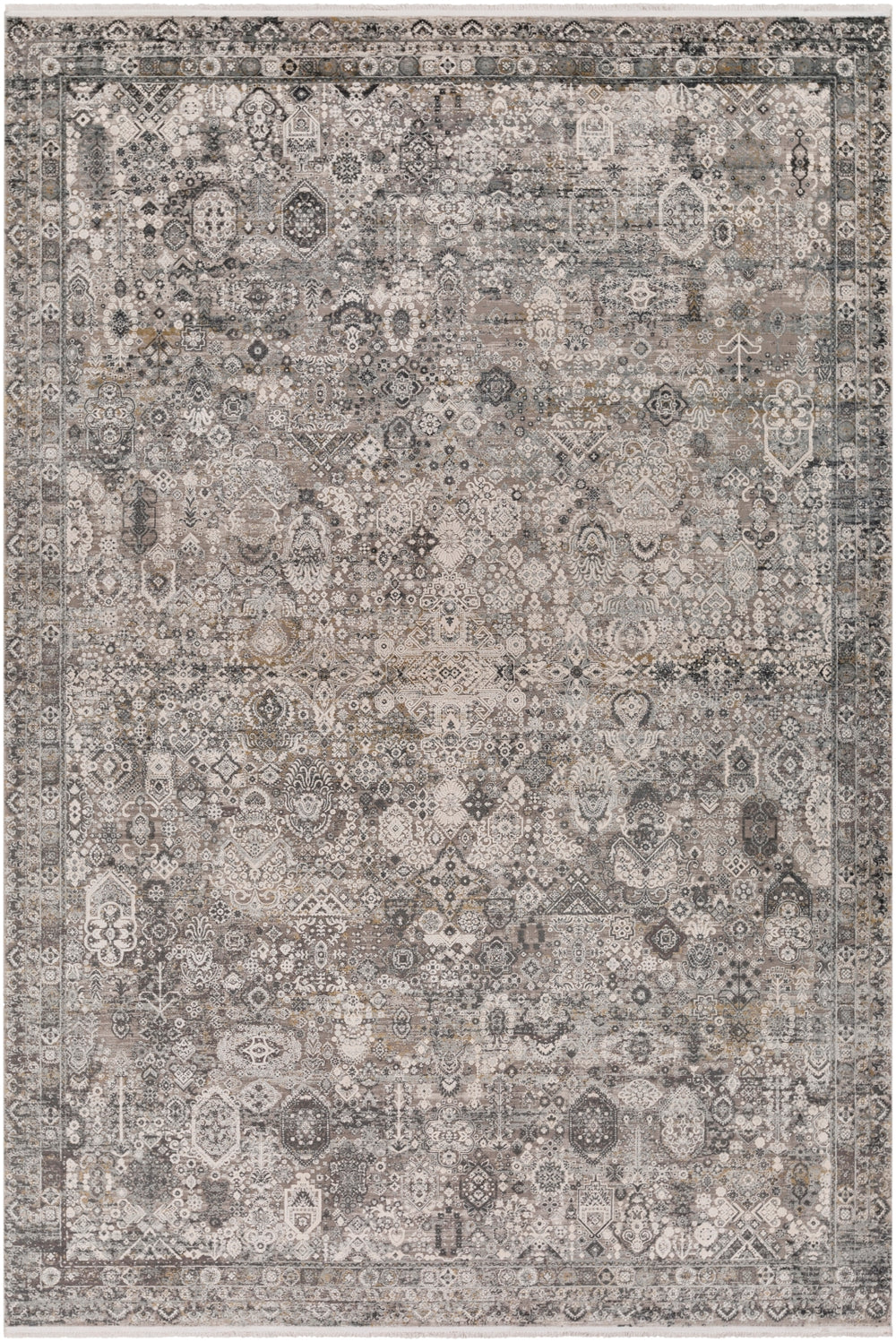 Solar SOR-2313 Traditional Viscose, Acrylic Rug SOR2313-9613 Medium Gray, Light Gray, Ivory, Charcoal, Black, Mustard 70% Viscose, 30% Acrylic 9'6" x 13'
