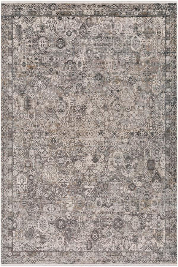 Solar SOR-2313 Traditional Viscose, Acrylic Rug SOR2313-9613 Medium Gray, Light Gray, Ivory, Charcoal, Black, Mustard 70% Viscose, 30% Acrylic 9'6" x 13'