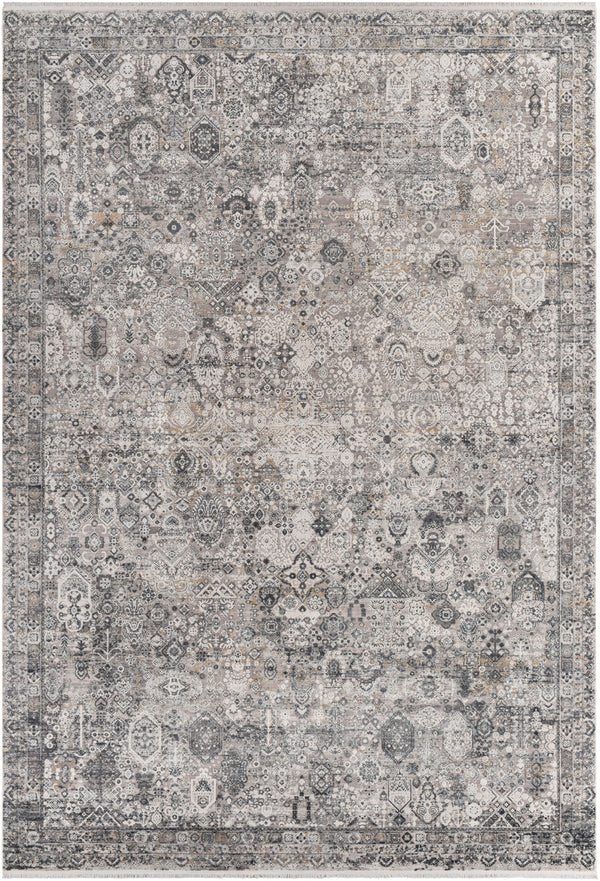 Solar SOR-2313 Traditional Viscose, Acrylic Rug SOR2313-76112 Medium Gray, Light Gray, Ivory, Charcoal, Black, Mustard 70% Viscose, 30% Acrylic 7'6" x 11'2"