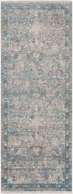 Solar SOR-2314 Traditional Viscose, Acrylic Rug SOR2314-38 Medium Gray, Aqua, Dark Blue, Light Gray, Ivory, Charcoal, Mustard 70% Viscose, 30% Acrylic 3' x 8'