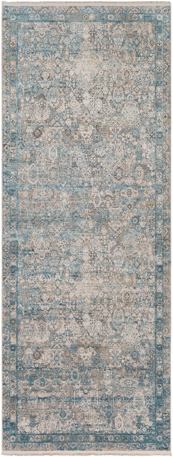 Solar SOR-2314 Traditional Viscose, Acrylic Rug SOR2314-38 Medium Gray, Aqua, Dark Blue, Light Gray, Ivory, Charcoal, Mustard 70% Viscose, 30% Acrylic 3' x 8'