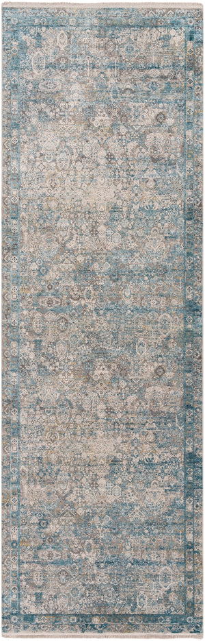 Solar SOR-2314 Traditional Viscose, Acrylic Rug SOR2314-3910 Medium Gray, Aqua, Dark Blue, Light Gray, Ivory, Charcoal, Mustard 70% Viscose, 30% Acrylic 3' x 9'10"