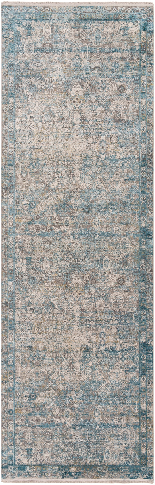 Solar SOR-2314 Traditional Viscose, Acrylic Rug SOR2314-3910 Medium Gray, Aqua, Dark Blue, Light Gray, Ivory, Charcoal, Mustard 70% Viscose, 30% Acrylic 3' x 9'10"