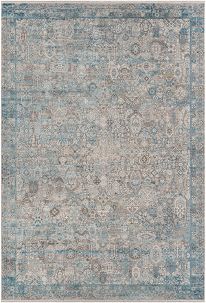 Solar SOR-2314 Traditional Viscose, Acrylic Rug SOR2314-76112 Medium Gray, Aqua, Dark Blue, Light Gray, Ivory, Charcoal, Mustard 70% Viscose, 30% Acrylic 7'6" x 11'2"