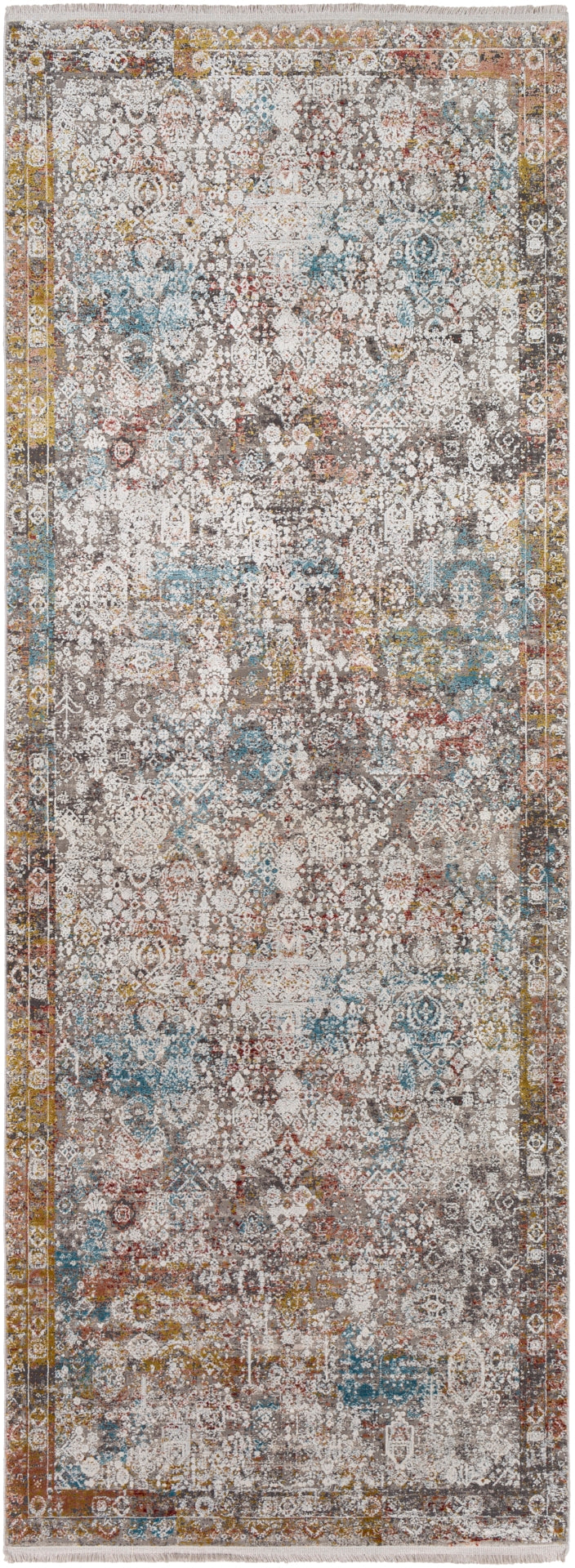 Solar SOR-2316 Traditional Viscose, Acrylic Rug SOR2316-9613 Medium Gray, Light Gray, Khaki, Rose, Bright Red, Aqua, Mustard 70% Viscose, 30% Acrylic 9'6" x 13'
