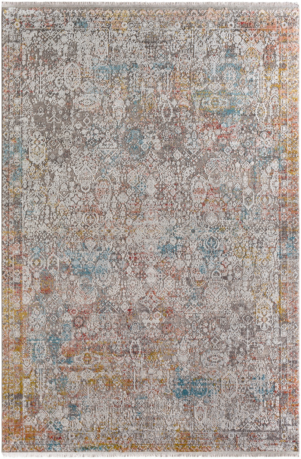 Solar SOR-2316 Traditional Viscose, Acrylic Rug SOR2316-9613 Medium Gray, Light Gray, Khaki, Rose, Bright Red, Aqua, Mustard 70% Viscose, 30% Acrylic 9'6" x 13'