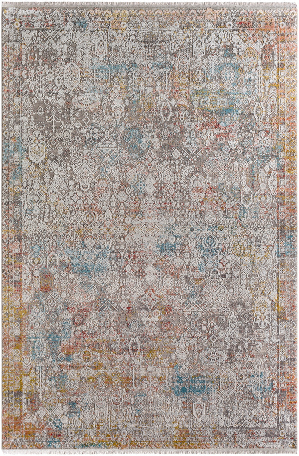 Solar SOR-2316 Traditional Viscose, Acrylic Rug SOR2316-9613 Medium Gray, Light Gray, Khaki, Rose, Bright Red, Aqua, Mustard 70% Viscose, 30% Acrylic 9'6" x 13'