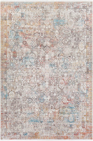 Solar SOR-2316 Traditional Viscose, Acrylic Rug SOR2316-76112 Medium Gray, Light Gray, Khaki, Rose, Bright Red, Aqua, Mustard 70% Viscose, 30% Acrylic 7'6" x 11'2"