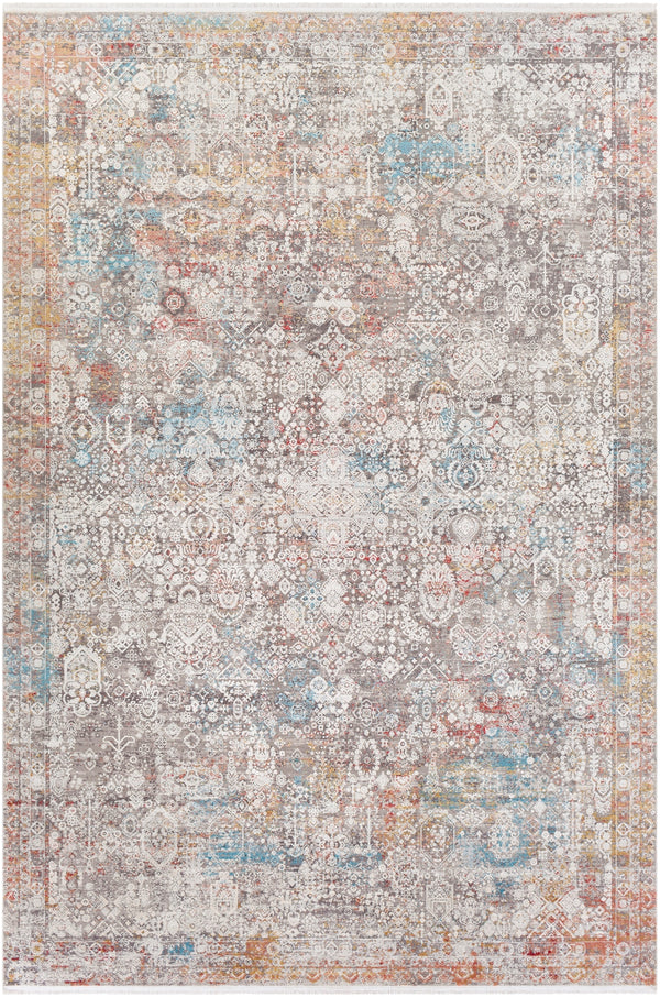 Solar SOR-2316 Traditional Viscose, Acrylic Rug SOR2316-76112 Medium Gray, Light Gray, Khaki, Rose, Bright Red, Aqua, Mustard 70% Viscose, 30% Acrylic 7'6" x 11'2"