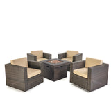 Puerta Outdoor 5 Piece Chat Set with Dark Brown Wicker Swivel Club Chairs with Beige Water Resistant Cushions and Brown Fire Pit Noble House
