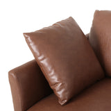 Brockbank Modern Faux Leather 3 Seater Sofa with Pillows, Cognac Brown and Silver Noble House