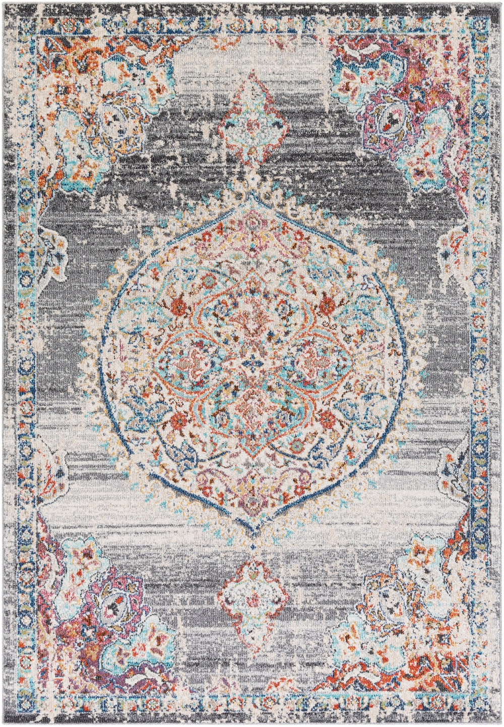 Serapi SRP-2306 Traditional Polypropylene Rug SRP2306-9126 Cream, Rose, Pale Pink, Medium Gray, Light Gray, Navy, Aqua, Saffron, Charcoal, Burnt Orange 100% Polypropylene 9' x 12'6"