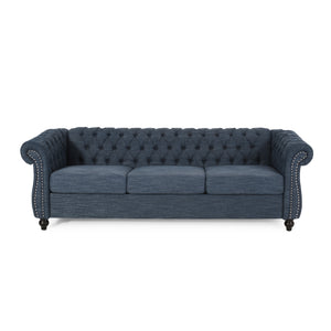 Noble House Parksley Tufted Chesterfield Fabric 3 Seater Sofa, Navy Blue and Dark Brown