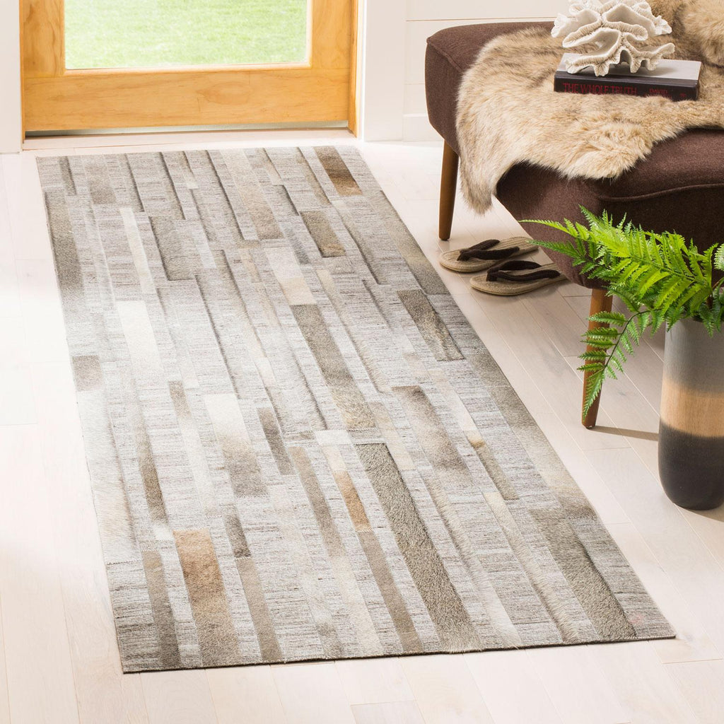 Studio Leather 222  Hand Woven Leather & Viscose Rug Ivory / Grey