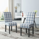Pertica Contemporary Upholstered Plaid Dining Chairs, Dark Blue, Light Beige, and Espresso Noble House