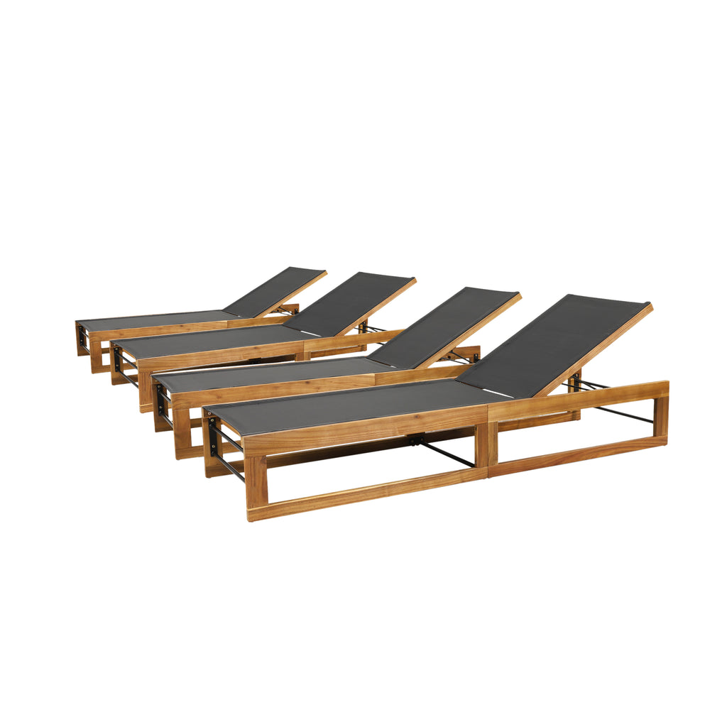 Noble House Emile Outdoor Mesh and Wood Adjustable Chaise Lounges (Set of 4), Black and Teak