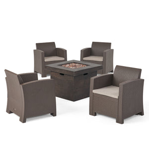 Bedrock Outdoor 4-Seater Wicker Print Chair Set with Fire Pit, Brown and Mixed Beige Noble House