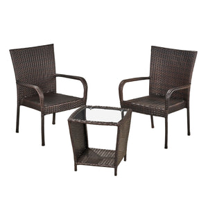 Sarah Outdoor 3 Piece Multibrown Wicker Stacking Chair Chat Set Noble House