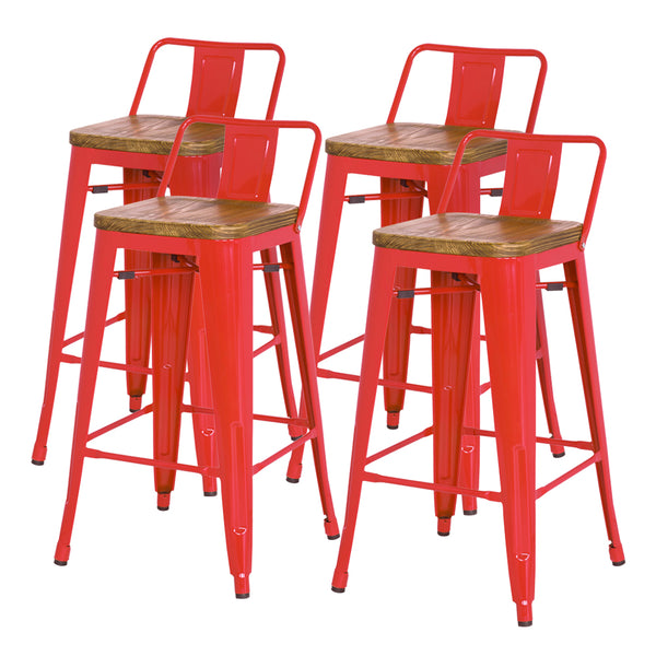 Metropolis Low-Back Bar Stool Set of 4 - Stylish Pine Wood, Sturdy Steel Frame for Modern Spaces