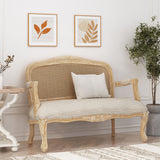Saley French Country Wood and Cane Loveseat, Beige and Natural Noble House
