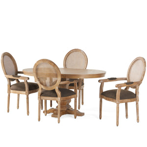 Judith French Country Wood and Cane 5-Piece Expandable Oval Dining Set, Natural and Brown Noble House