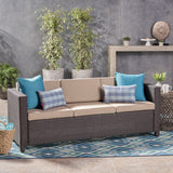 Puerta Outdoor Wicker 3 Seater Sofa, Dark Brown with Beige Cushions Noble House