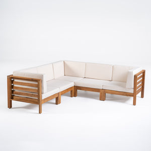 Oana Outdoor V-Shaped Sectional Sofa Set - 5-Seater - Acacia Wood - Outdoor Cushions - Teak and Beige Noble House