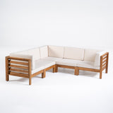 Oana Outdoor V-Shaped Sectional Sofa Set - 5-Seater - Acacia Wood - Outdoor Cushions - Teak and Beige