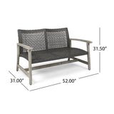 Hampton Outdoor Wood and Wicker Loveseat, Light Gray Finish with Mix Black Wicker Noble House