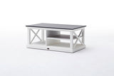 Halifax Contrast Coffee Table in White-Black Top semi-gloss paint with a smooth top coat. Solid Mahogany, Composite wood