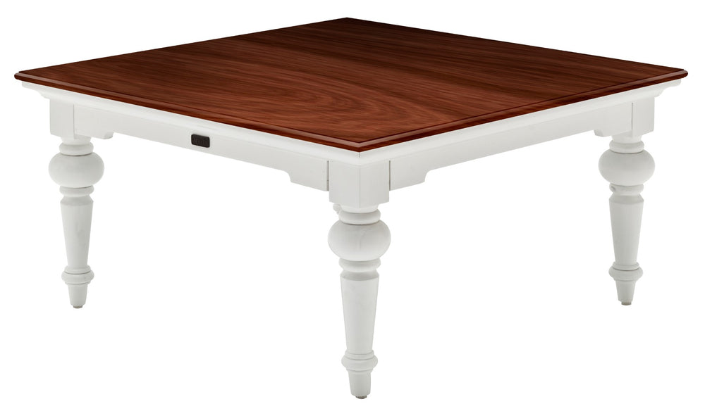 Provence Accent Square Coffee Table: Chic White Distressed Finish with Deep Brown Mahogany Top