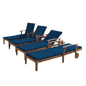 Perla Outdoor Teak Finish Chaise Lounge with Blue Water Resistant Cushion Noble House