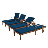 Perla Outdoor Teak Finish Chaise Lounge with Blue Water Resistant Cushion - Set of 4