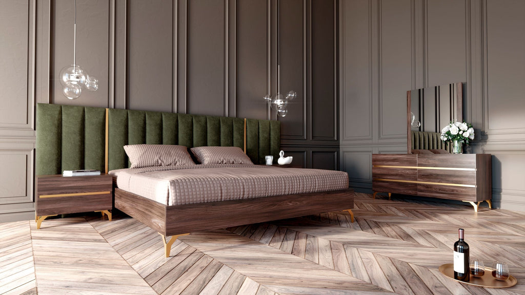 VIG Furniture Nova Domus Calabria Modern Walnut & Green Velvet Bed & Nightstands VGACCALABRIA-BED