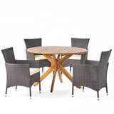 Cedros Outdoor 5 Piece Multibrown Wicker Dining Set with Teak Finish Circular Acacia Wood Dining Table and Beige Water Resistant Cushions Noble House