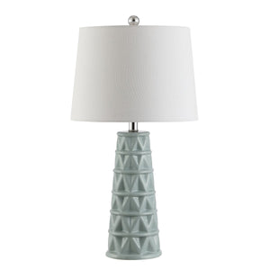 Cairo Ceramic Table Lamp - Ancient Ziggurat-Inspired Design in Soft Blue with Chic White Shade