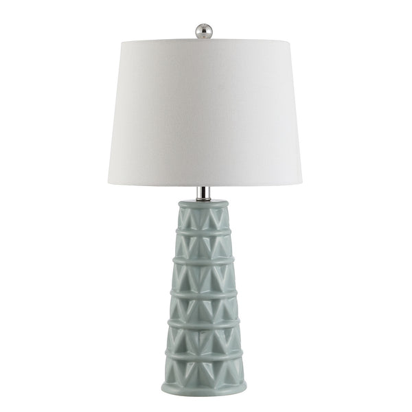 Cairo Ceramic Table Lamp - Ancient Ziggurat-Inspired Design in Soft Blue with Chic White Shade