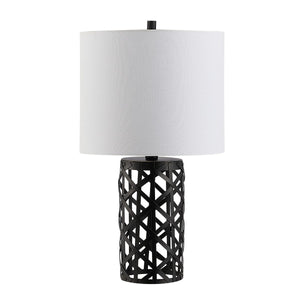Berny Modern Abstract Iron Table Lamp - Black Birdcage Design with White Cotton Shade, 22" Height