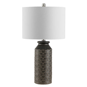 Waldina Ceramic Table Lamp - Elegant Grey Fretwork Design with White Shade for Contemporary Spaces