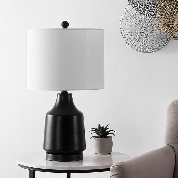 Atrius Table Lamp - Contemporary Black Resin Design with White Drum Shade, Perfect for Modern Decor