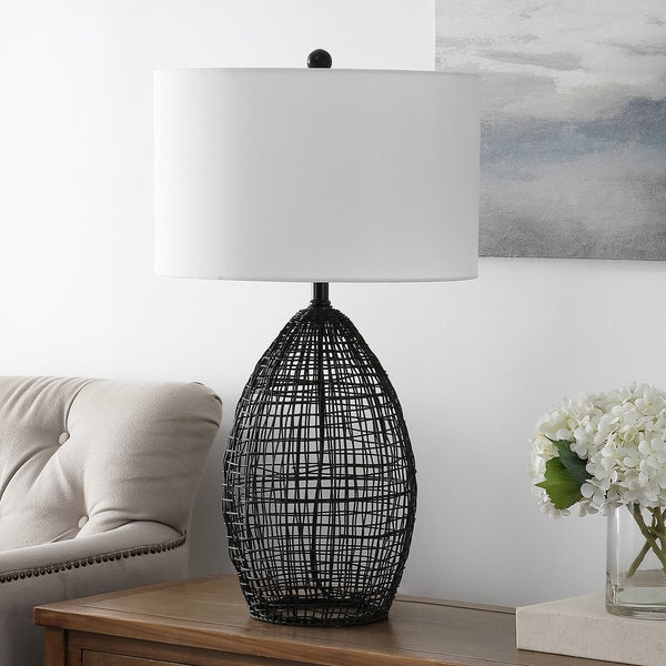 Edren Table Lamp - Bold Industrial Black Birdcage Design with White Drum Shade for Chic Interiors