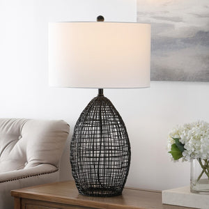 Edren Table Lamp - Bold Industrial Black Birdcage Design with White Drum Shade for Chic Interiors